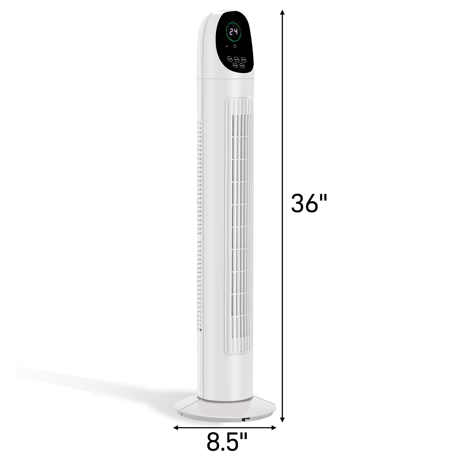 Tower Fan, 110V 50W, 34in, No Water Tank, Remote Control & Digital Display, Plastic Material, Black & White, Concave Arc Head, 9-Hour Timer, Indoor Use