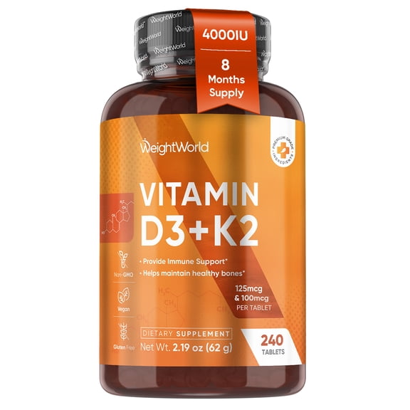 WeightWorld D3 Vitamin 4000 IU K2 (MK-7) 125mcg - 240 Tablets | Bones, Muscle, Immune Support & Calcium Absorption | Plant-Based Vegan Vitamin D3 K2 | D3 and K2 Supplements, Gluten Free, Non-GMO