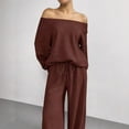 thumbnail image 5 of VV AVEORS Women 2 Piece Outfit Matching Sweat Sets Off The Shoulder Knit Set Lounge Top Wide Leg Sweatpants Tracksuit Brown M, 5 of 7