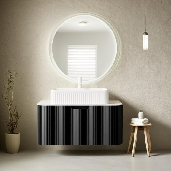 30"Floating Bathroom Vanity with Sink, Solid Wood Modern Bathroom Vanities with Rectangular Ceramic Basin and Marble Top, Soft-Close Design, Large Storage Drawer, Pre-Assembled Cabinet, Gloss Black