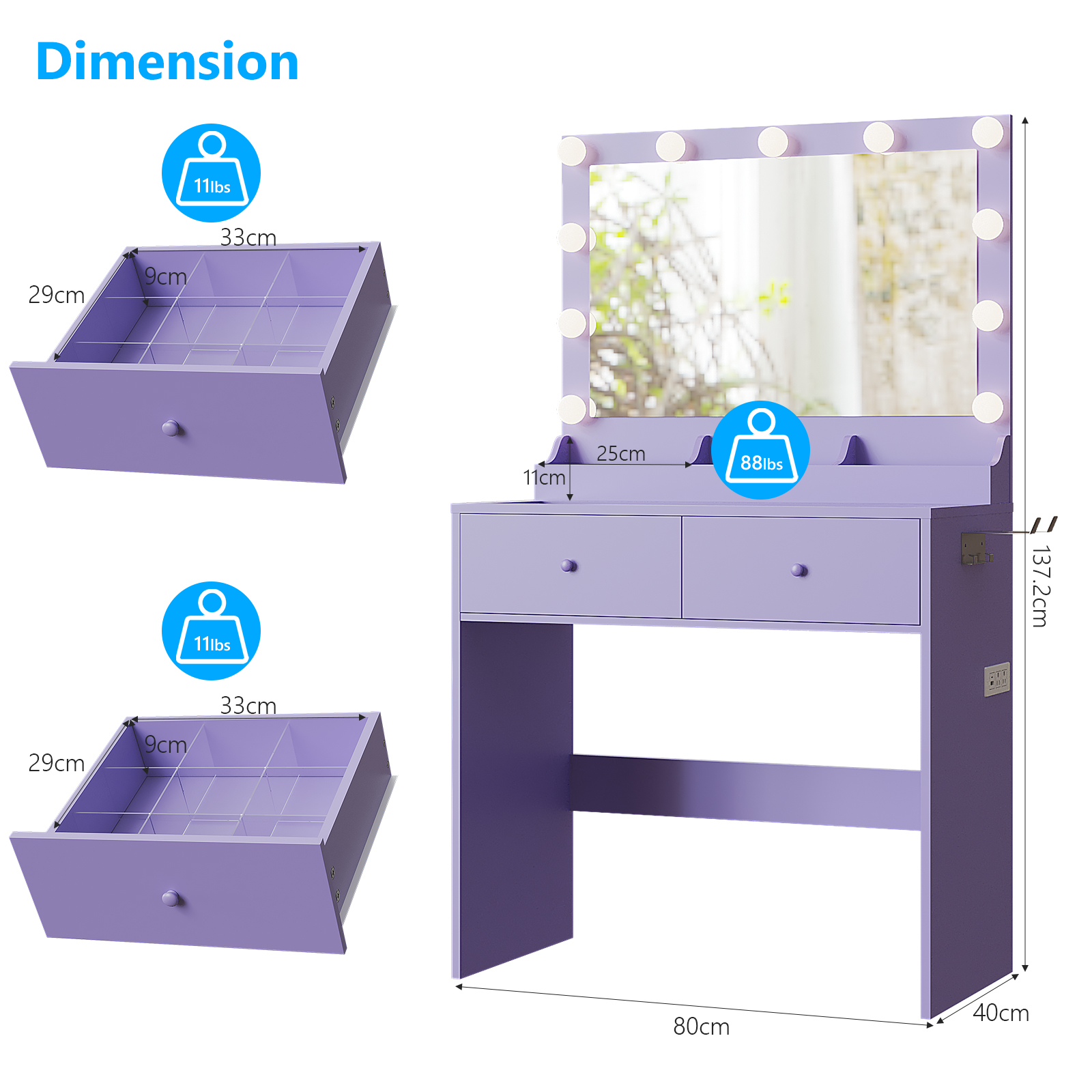 Zimtown Vanity with Mirror and Light, Makeup Desk  with Charging Station and Storage, Dressing Table with Hair Dryer Rack for Bedroom, Sophia Purple