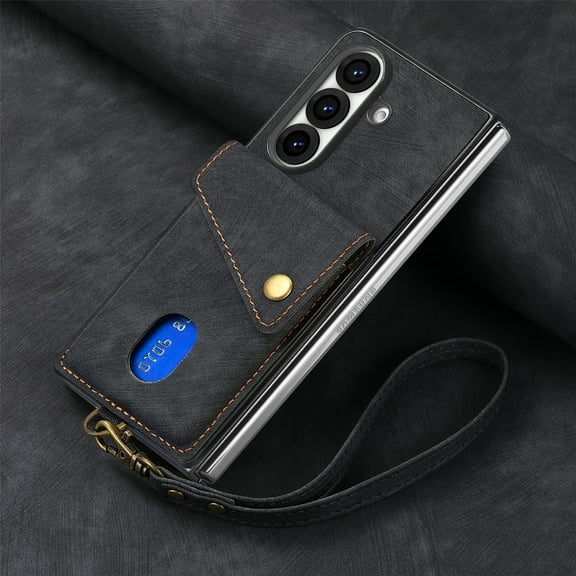 Decase Case for Samsung Galaxy Z Fold 7,  Durable Leather Wallet Phone Case with Wrist Strap, Stand Function,Black