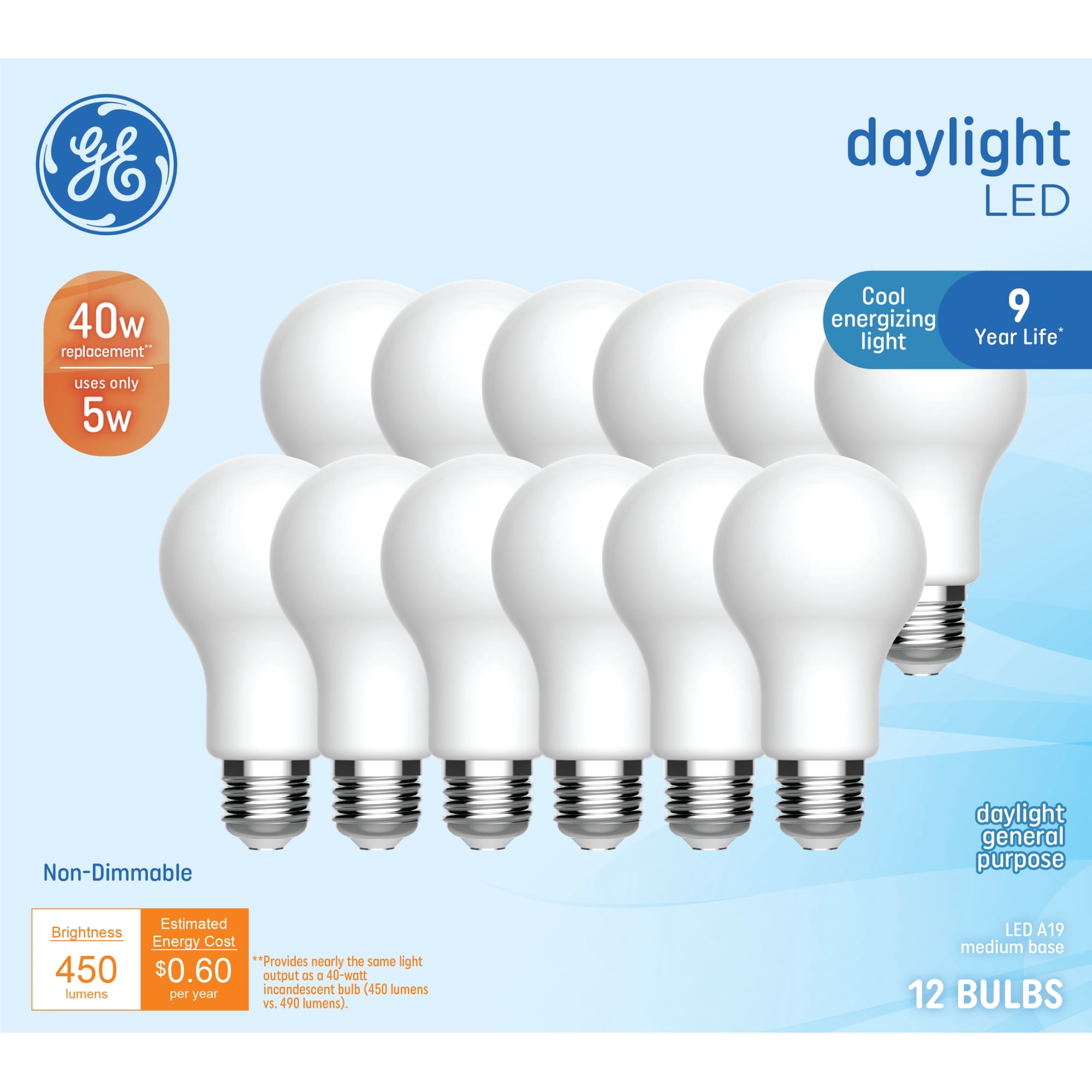 GE General Purpose LED 40 Watt Replacement, Daylight, A19 Frosted Bulbs (12 Pack)