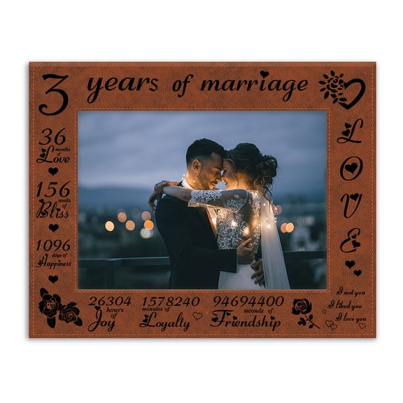 3 Years of Marriage Engraved Leather Picture Frame 5x7 inch 3rd Anniversary Frame Brown Hanging/Tabletop Photo Frame with Flocked Backing