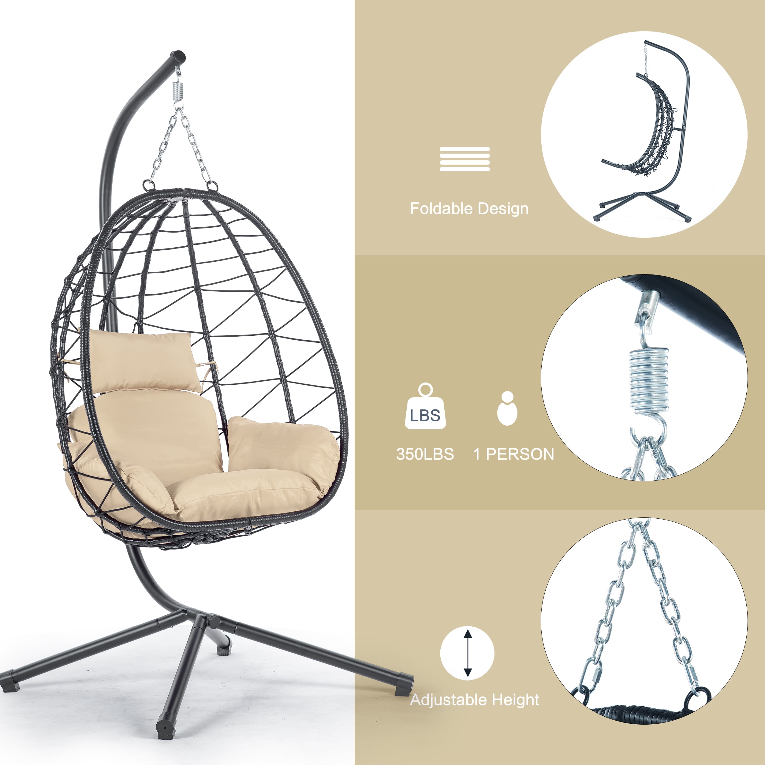 Outdoor Egg Chair, Patio Wicker Swing Egg Chair with Stand, Steel Frame, Soft Cushion and Pillow for Home Bedroom Patio Balcony, 350-Pound Weight Capacity, Khaki