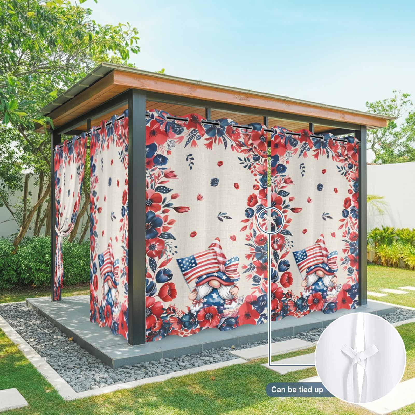 Independence Day Outdoor Curtains for Patio, Vintage Gnome Red Blue Navy Flower U.S. Flag Sunshade Privacy Drapes Grommet Waterproof Outside Curtains for Porch/Cabana/Balcony 54"x 108", 1 Panel