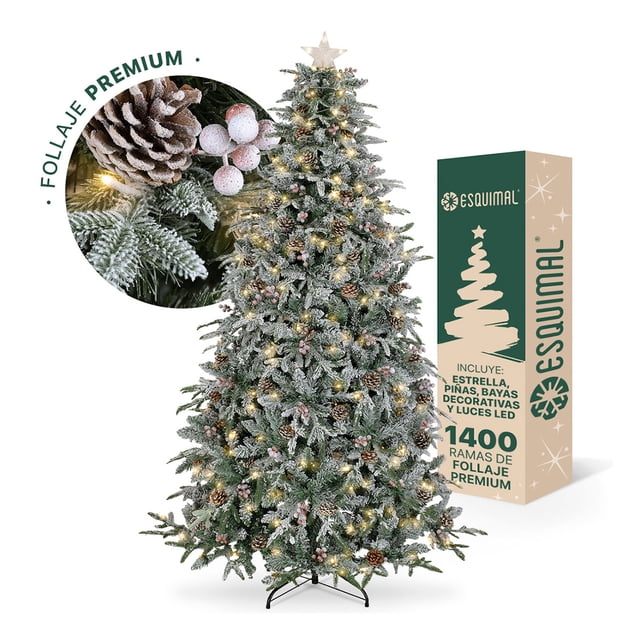 Árbol Navidad Nevado Esquimal Luces Led Piñas + Bayas Chedrón + Estrella 2.50m