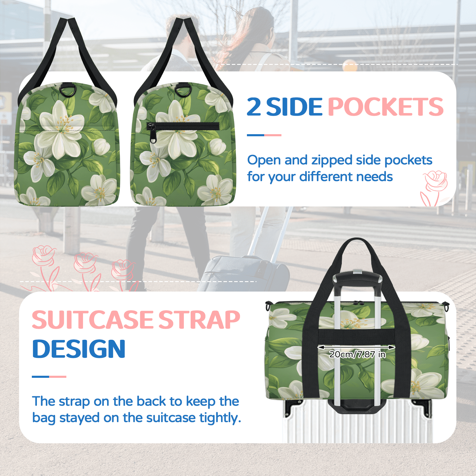 Herdesigns Sage Green Travel Duffle Bag Sports Yoga Weekender Overnight Carry on Workout Bags Lightweight Waterproof Gym Tote Bag for Women Floral