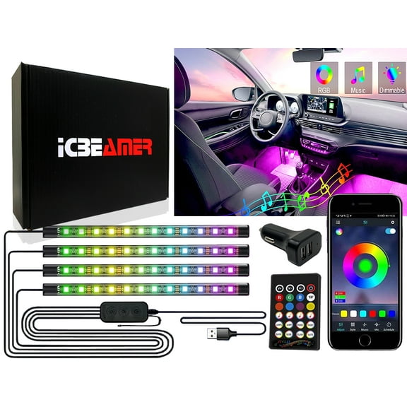 ICBEAMER Interior Lights for Car, Apps or Remote Control LED Multi color strip lights RGB Sync to Music Fit all Vehicle Under Dash/ Seat Lighting RGB strip light DIY Mode DC 12V