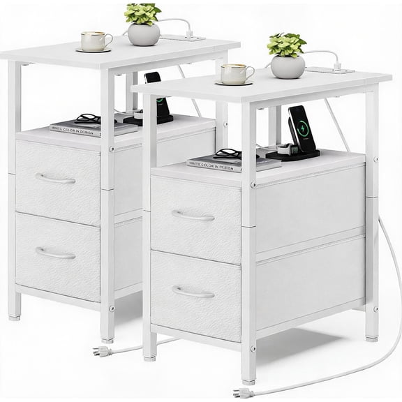Narrow End Table with Charging Station Set of 2 White Side Tables with 2 Drawers and Open Shelves 23.8 Inches Tall