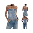 thumbnail image 6 of Coduop Women Strapless Denim Tube Top Spaghetti Strap Backless Button Up Corset Camisole Vest Top, 6 of 7