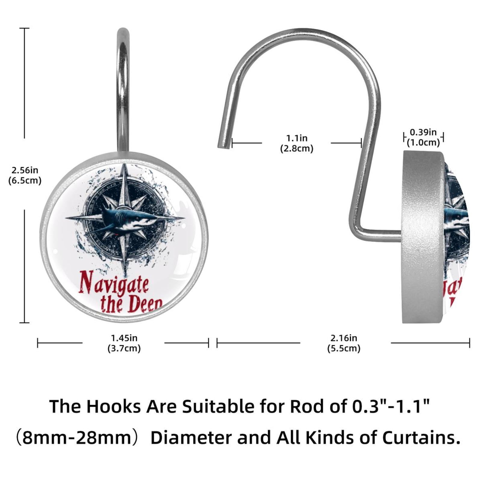 12pcs Decorative Shower Curtain Hooks, Rust Resistant Shower Rings for Bathroom Living Room,Rustproof Stainless Steel Rings for Shower Curtain and Liner Rods,Navigate Shark