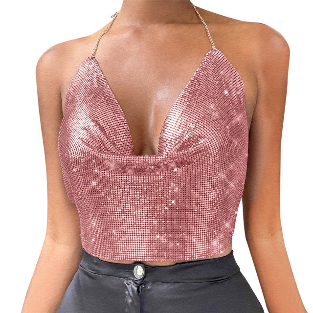 Toimothcn Womens Tank Tops Chain Sexy Sparkly Sequins Tank Tops Sleeveless Backless Slim Fit Soft Performance Crop Tops Suitable For Outdoor Activities