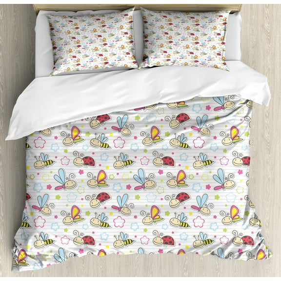 Cartoon Duvet Cover Set, Bugs with Colorful Flowers Ladybugs Dragonflies Bees Animal Fun, Decorative 3 Piece Bedding Set with 2 Pillow Shams, Queen Size, Pale Blue Pink Red, by Ambesonne
