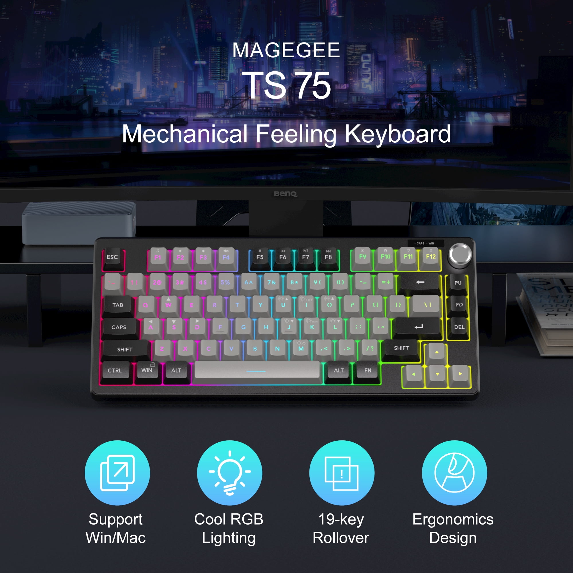 MageGee TS75 79-Key RGB Gaming Keyboard - Volume Knob, 19-Key Anti-Ghosting, Ergonomic Compact Wired Design, Win/Mac Compatible for Gamers/Office/Study