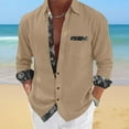 thumbnail image 2 of FRSASU Men's Button Down Shirts Cotton Linen Shirt Casual Fashion Floral Hawaiian Patchwork Printed Top Khaki, 2 of 6