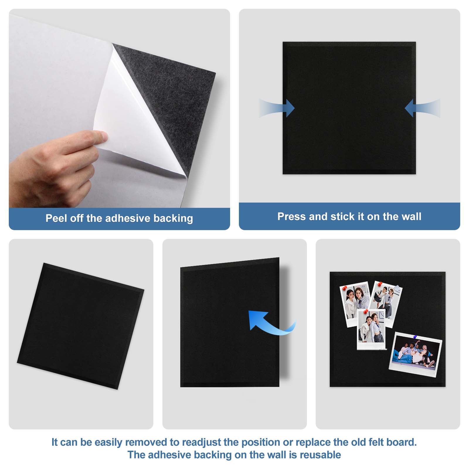 Large Cork Board 36" x 24" Alternative - 6 Pack Felt Wall Tiles with 50 Safe Removable Adhesive Tabs, 30 Pushpins, Cork Boards for Walls Pin Board Bulletin Board Office Decor (Black)