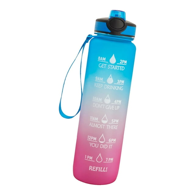 Botella grande de agua potable de 1 litro con pajita y marcador de tiempo que mide la cantidad de agua Azul rosado