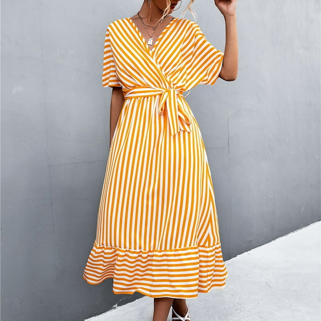 Robes d'Été Grande Taille pour Femmes 2024 Couleur Volant Élégant Ample Manches Courtes Col Rond Robe Économisez jusqu'à 65 %!
