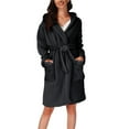 thumbnail image 5 of WCJM Black Women's Solid Colour Long Sleeve Pocket Hooded Knee Short Plush Pajamas Robe Homewear Bathrobe, 5 of 5