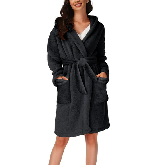 HSHMT Clearance Women's Pajama Sets Long Sleeve Comfortable Soft Breathable Solid Colour Pocket Hooded Knee Short Plush Robe Homewear Bathrobe Lounge Sets for Women