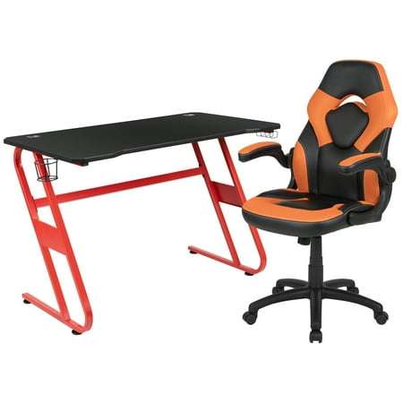 UPC: 0889142936664 | Flash Furniture Optis Red Gaming Desk and Orange/Black Racing Chair Set with Cup Holder and Headphone Hook