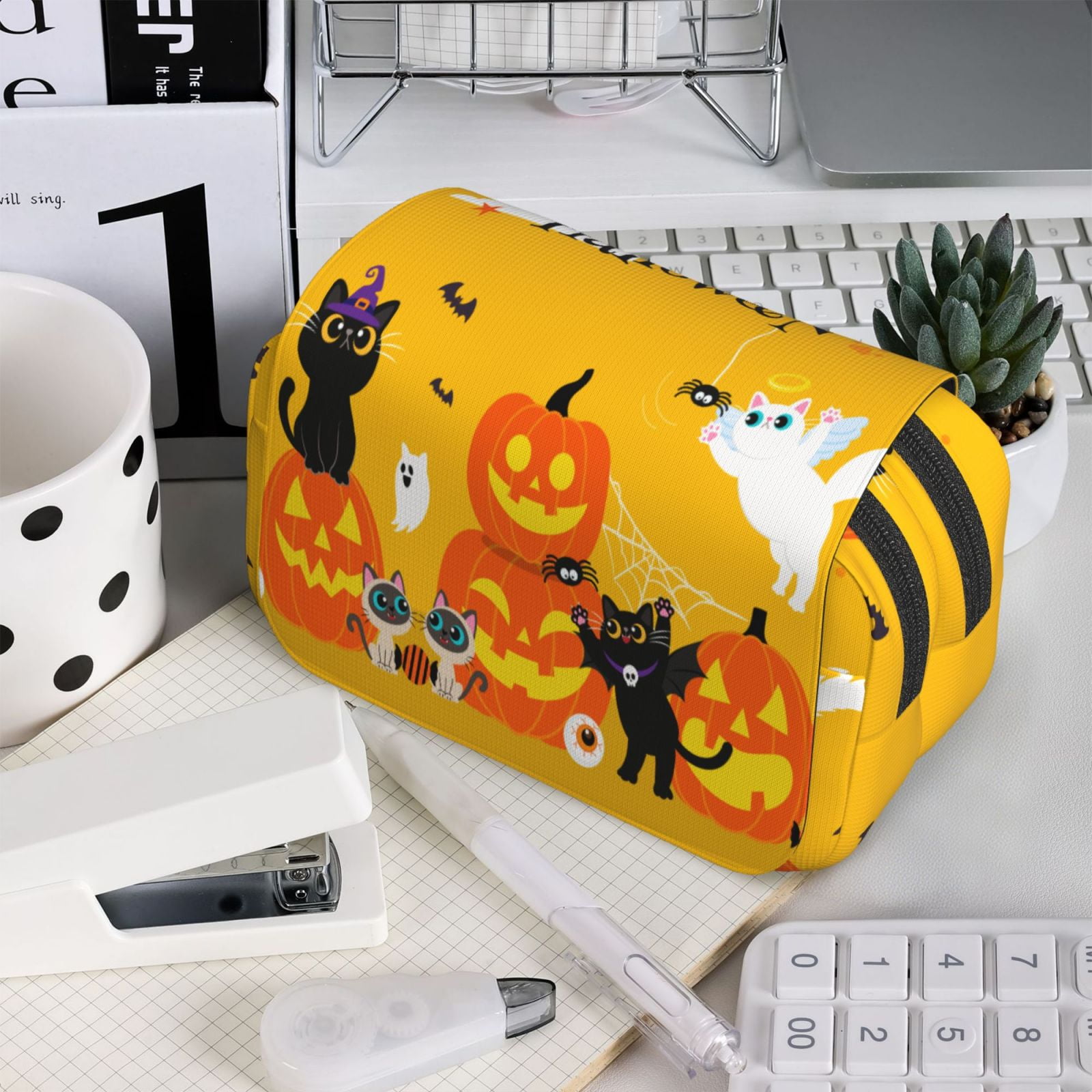 Rateoe Happy Halloween1 Pattern Double Clamshell Pen Case, Storage Organizer with Two Zipper Compartments– Holds Up to 50 Pencils & Pens