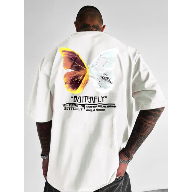 Men's Summer Fashion T-Shirt with Unique Butterfly Print - Casual Round Neck, Short Sleeve, Cotton Blend, Machine Washable, Casual Sporty Tee, Comfy Tee