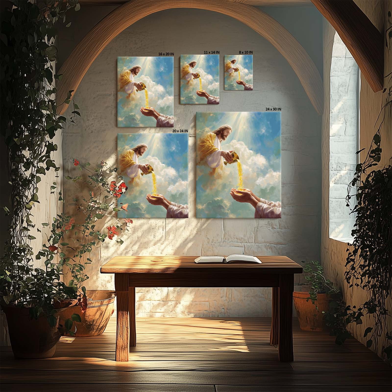 P&L Art Framed Canvas Wall Art - 24"x30" Divine Blessing Jesus Pouring Golden Grace Christian Faith Spiritual Home Church Large Statement Wall Decor
