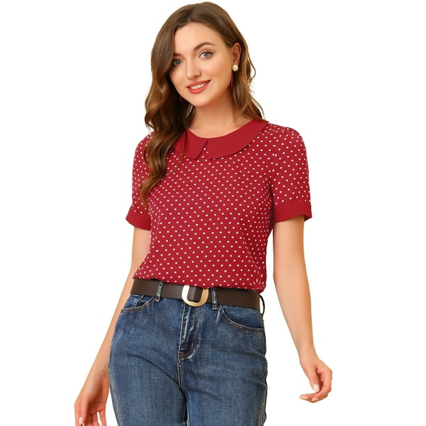 Top de lunares vintage con cuello Peter Pan para mujer rojo M