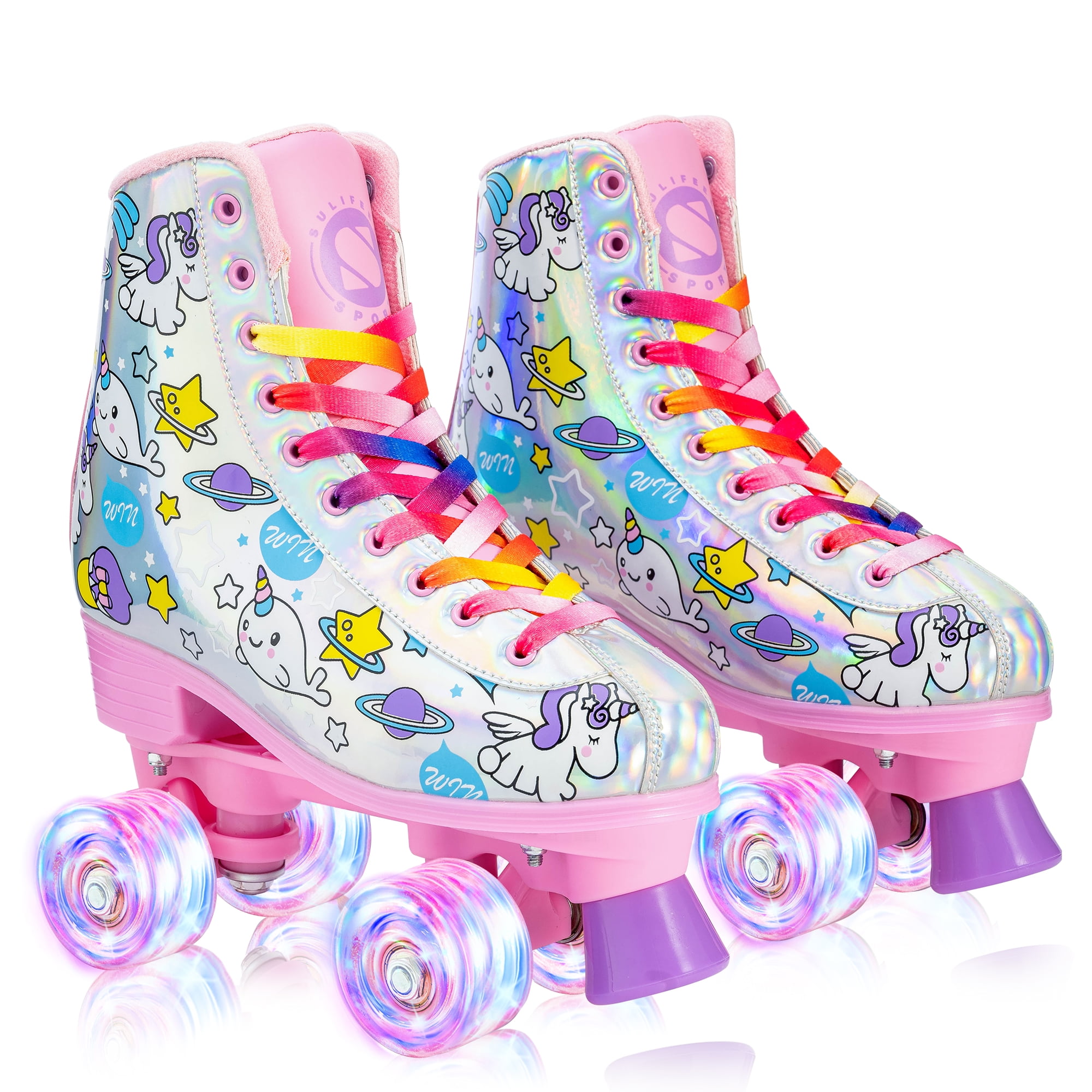 Roller Skates for Girls Light up Wheels Kids with High Top Reflective TPU Leather Rainbow Unicorn