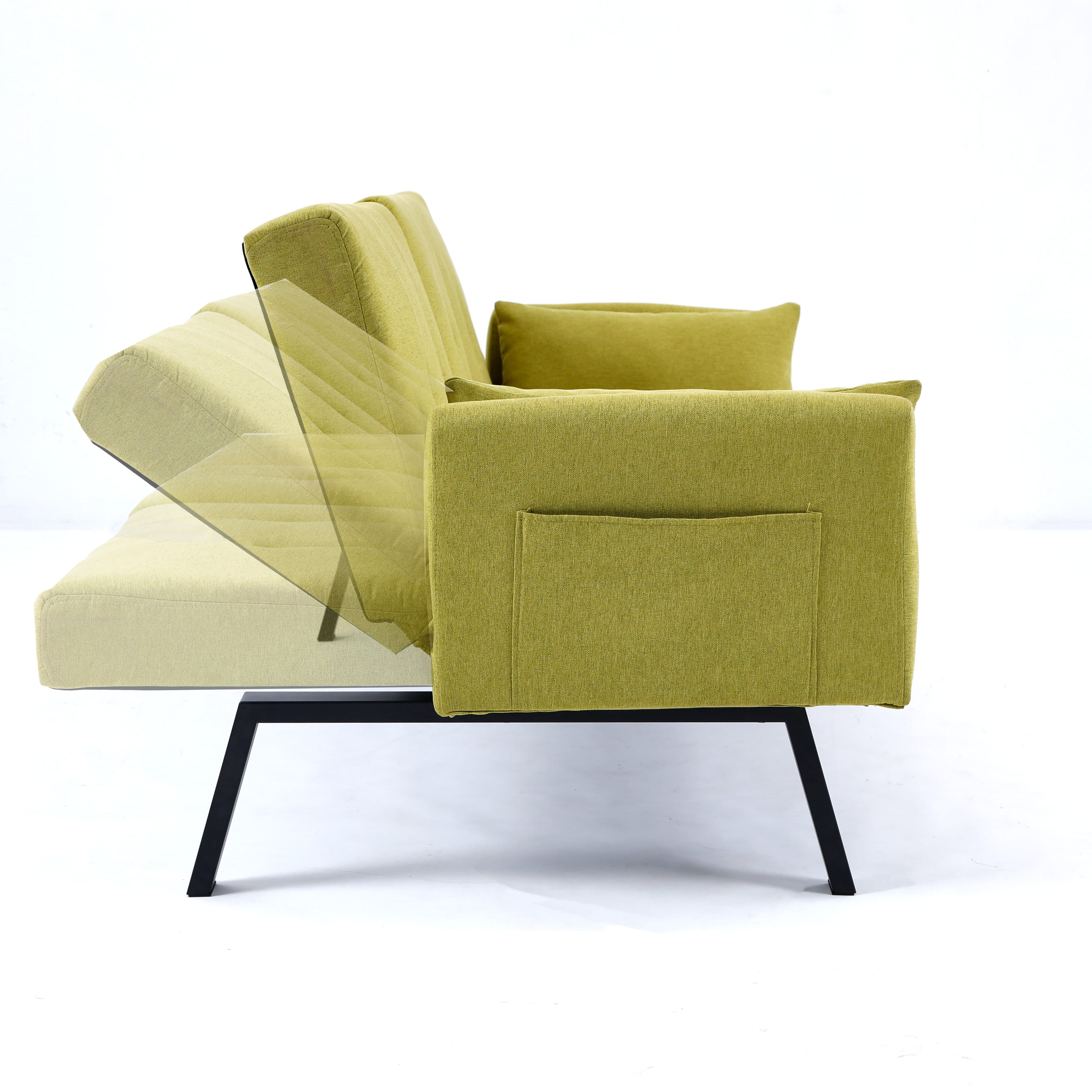 MAYEERTY 70" Linen Sofa Bed Foldable Sofa Couch with Cup Holder and Side Storage for Living Room, Bedroom and Apartment, Green