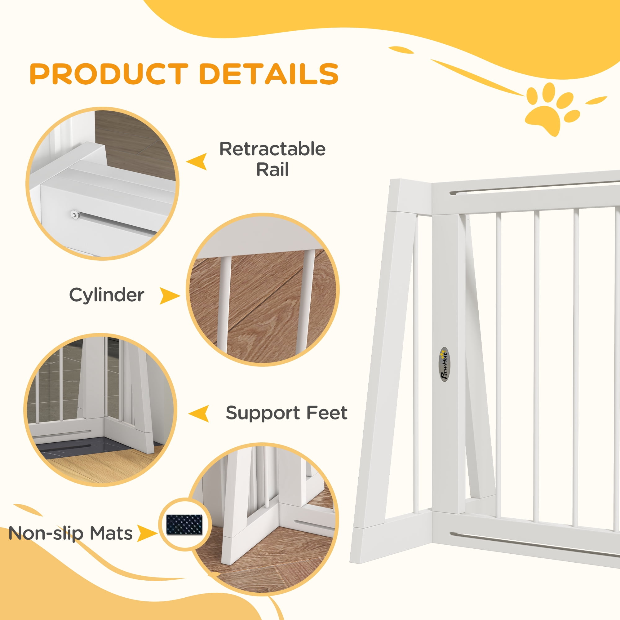 PawHut Freestanding Pet Gate, Wooden Dog Gate with 28"-75" Retractable Length, Support Feet & Non-slip Mats for Indoor, Stairway, Doorway, White