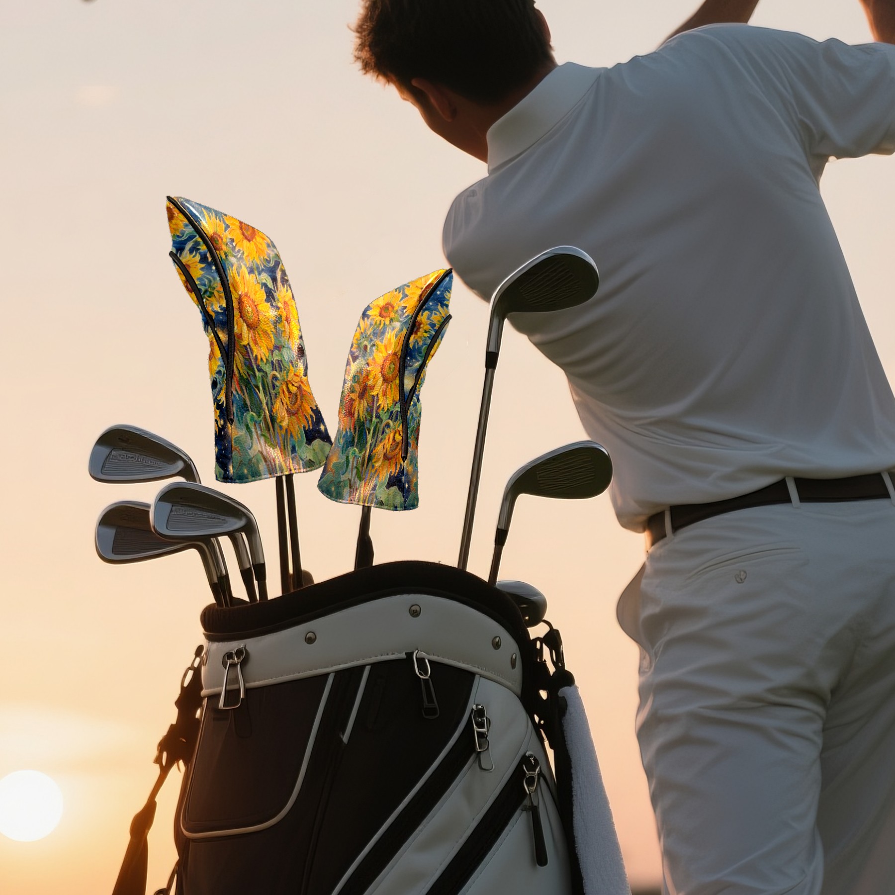 Golf Club Covers, Blue Sunflower Premium PU Leather Driver Hybrid Putter Head Covers with Velvet Lining, Waterproof Golf Gifts for Men Women