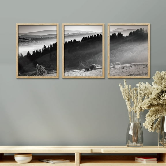 PixonSign Framed Canvas Print Wall Art Set - Black & White Dark Mountain Range Forest Landscape Art - Set of 3 Nature Plants Photography Wall Décor for Living Room - 12"x16"x3 Panels Natural