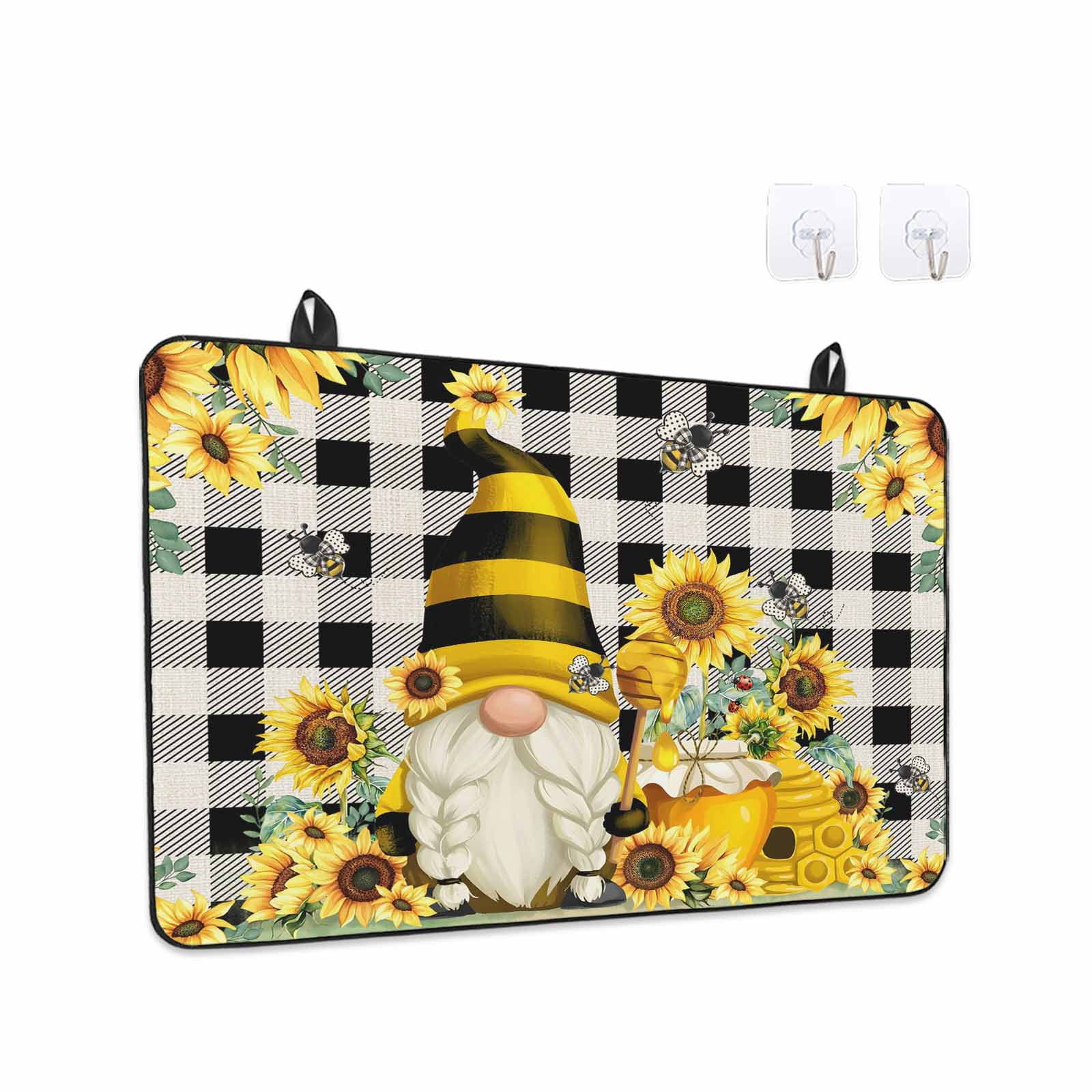 Yellow Sunflower Stove Top Cover for Electric Stove, Heat-proof & Non Slip Glass Top Stove Cover Protector, Spring Summer Bee Gnomes Black Plaid Kitchen Flat Cooktop Rubber Mat 28.5x20.5 Inches