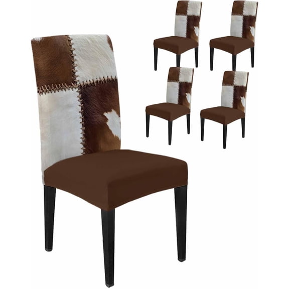 Chair Covers Set of 4, Western Cow Print Stretchable Parsons Chair Slipcovers Removable Kitchen Chair Protector for Dining Room Animals Brown Cowhide Abstract Art