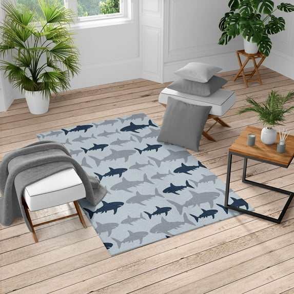 Sea Animals Turkish Area Rug, Monochrome Shark Illustration Fashion Maritime Illustration Aquatics, Soft Carpet for Living Room Decor with Distressed Look, 2.6' x 5', Dark Teal, by Ambesonne