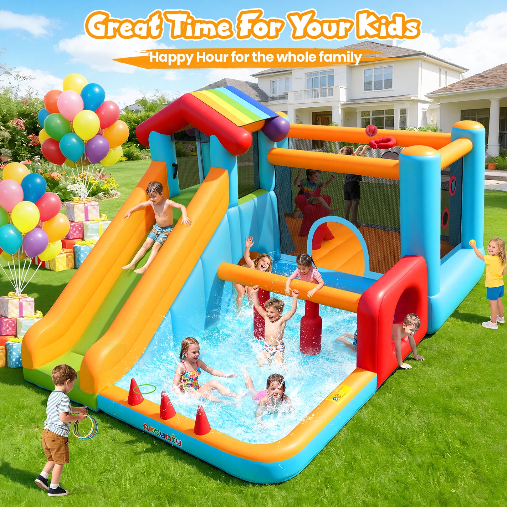 Adnoom Inflatable Bounce House for Kids 3-12, 11-in-1 High Slide Bouncy House with Climbing Wall, Large Ball Pit, Indoor Obstacle Jumping Castle with Blower for Family Backyard Party