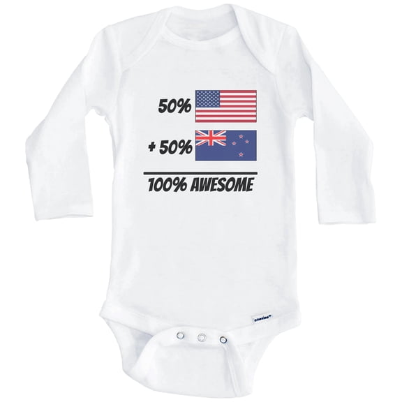 50% American Plus 50% Kiwi Equals 100% Awesome Cute New Zealand Flag One Piece Baby Bodysuit (Long Sleeve), 0-3 Months White