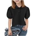 thumbnail image 2 of Girls' Summer Cute T Shirts Casual Short Sleeve V Neck Plain Tunic Tops Children Fashion Button Top Solid Color Tshirts Teen Girls 5-15 Years(Z01#Black,14-15 Years), 2 of 6