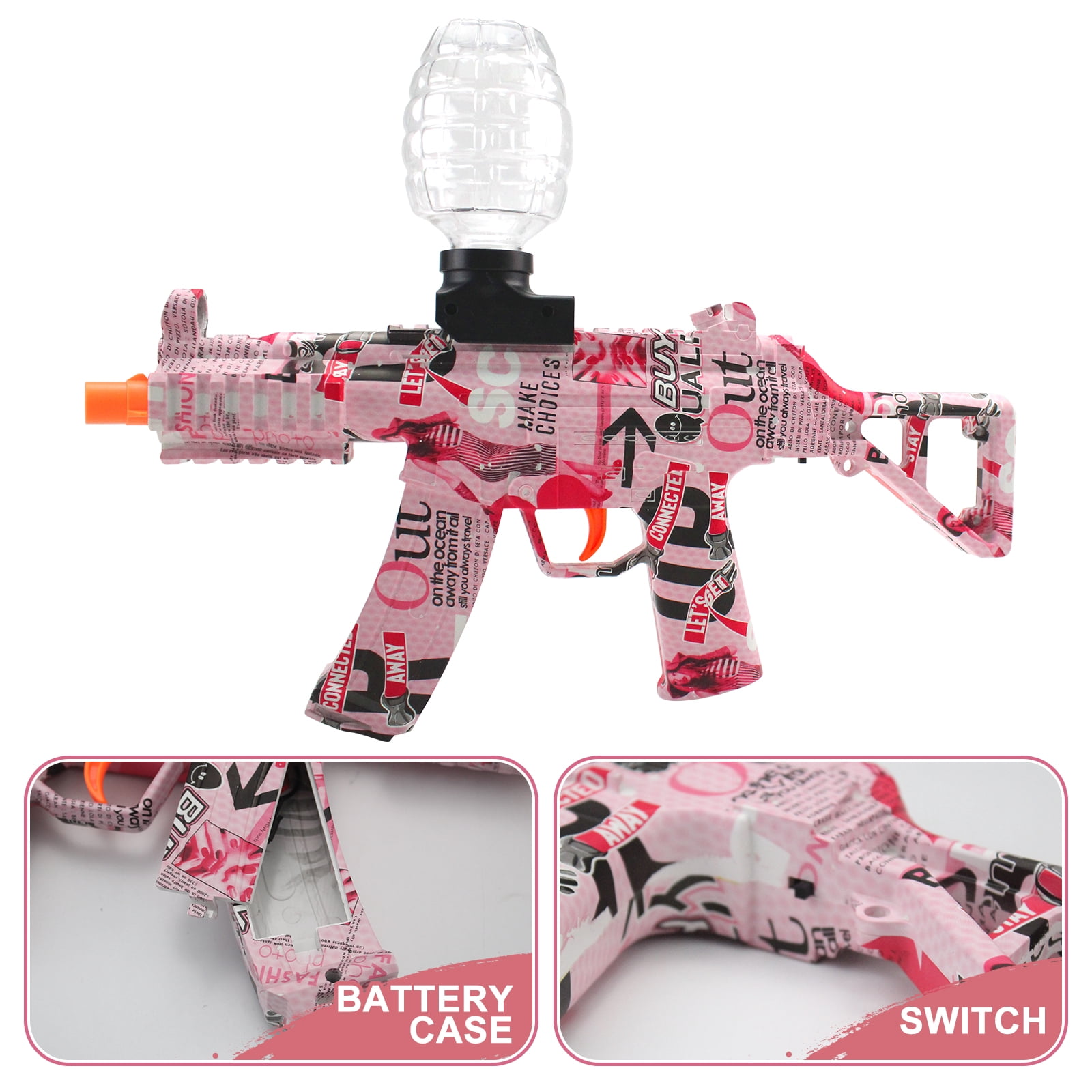 BIU BLASTER Gel Ball Blaster Pink Graffiti Electric Splatter Blaster with Goggles Rechargeable 7.4V 500mAh Battery for 14+ Ages