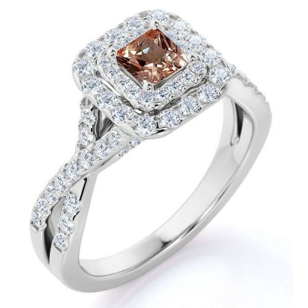 JeenMata Anillo de Compromiso Elegante de Oro Blanco de 18 K sobre Plata con Morganita Creada en Corte Cuadrado de 1 Quilate, Banda Retorcida, Pavé y Doble Halo