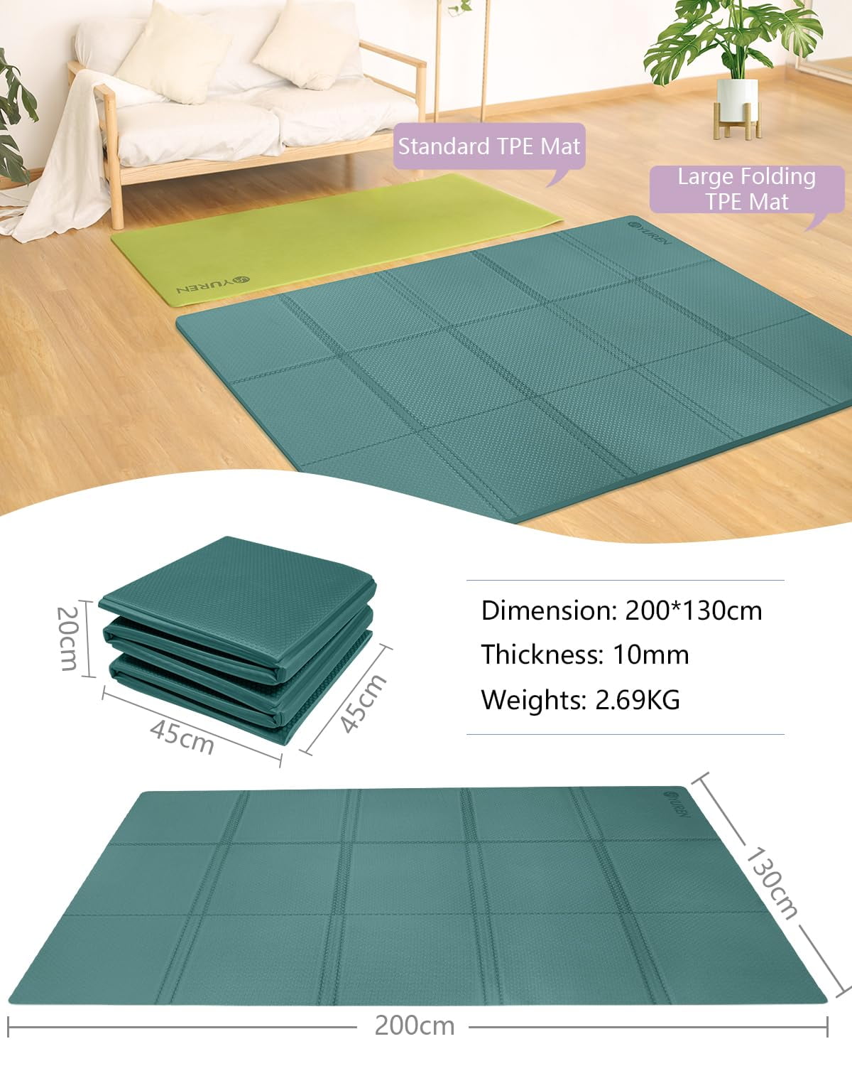 YR Foldable TPE Foam Non-Slip Exercise Yoga Mat, Large Folding Travel Mats, 10mm Thick