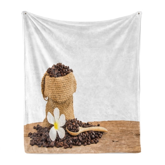 Coffee Soft Flannel Fleece Throw Blanket, Photo of Beans in a Burlap Sack with a Flower and a Wooden Spoon, Cozy Plush for Indoor and Outdoor Use, 60" x 80", Almond Brown, by Ambesonne