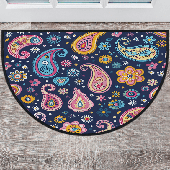 CURLYOOT Paisley Floral Half Round Door Mat, Indoor Outdoor Entrance Rug, Boho Ethnic Semi Circular Area Rug, Non Slip Washable Absorbent Doormat, Laundry Room Rug 40'' x 63''