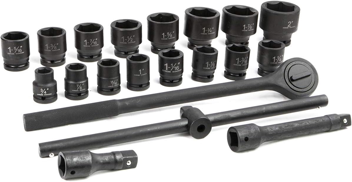 Stark USA 3/4" Drive 21PC Impact Socket Set, 6 Point, SAE 3/4" - 2", Ratchet Wrench, Extension Rods, Sliding Bar, CrV Steel