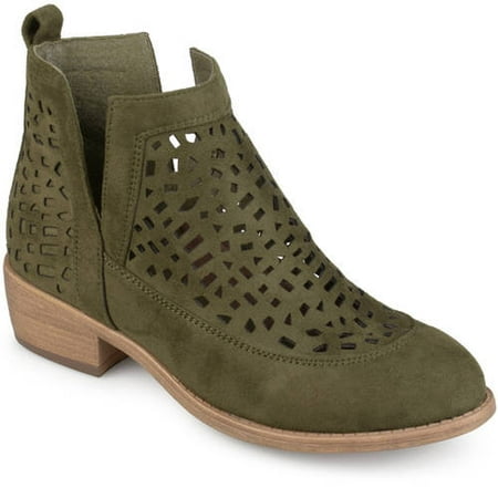 Ladybug Booties - Brinley Co. Women's Faux Suede Geometric Laser Cut Side Split Stacked Wood Heel Booties