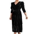 thumbnail image 3 of Robe Midi Moulante en Velours pour Femmes Couleur Unie Col en V Robe à Manches Longues Soirée, 3 of 5