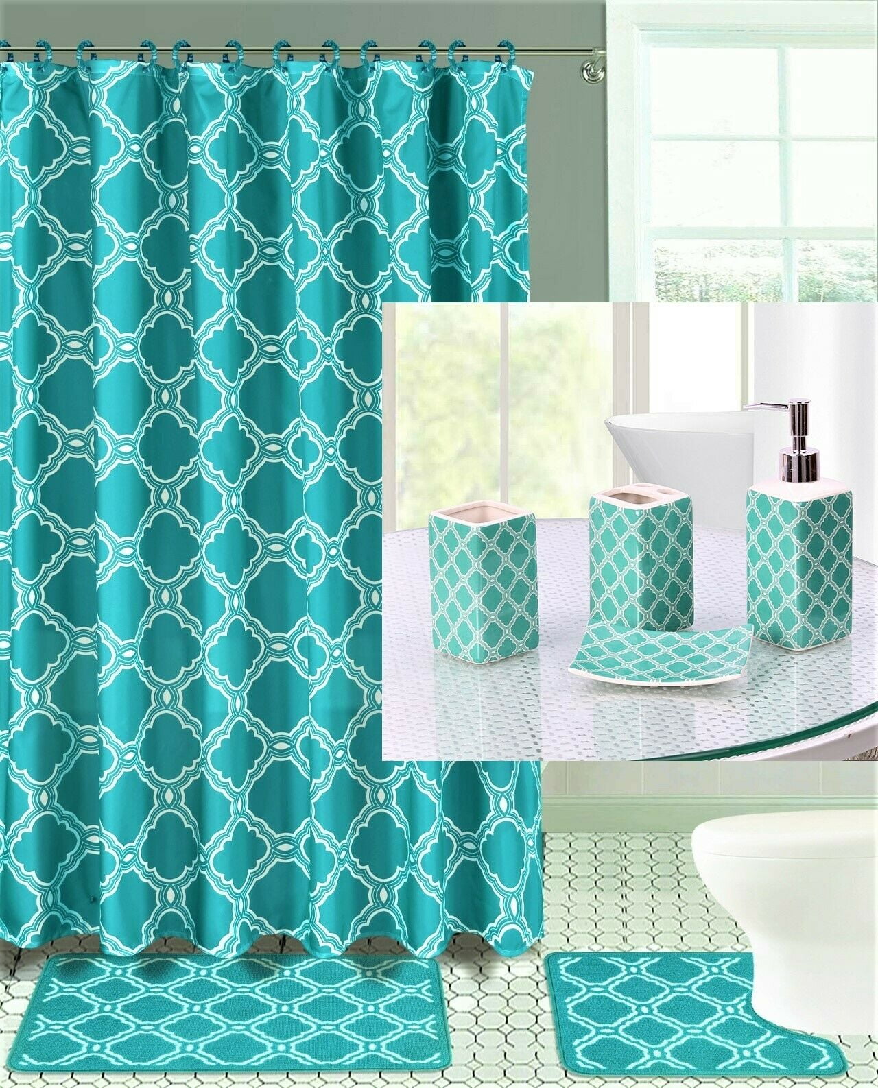 19PC HONEY TEAL BATHROOM SET EMBROIDERY BANDED WASHABLE RUBBER BACKING